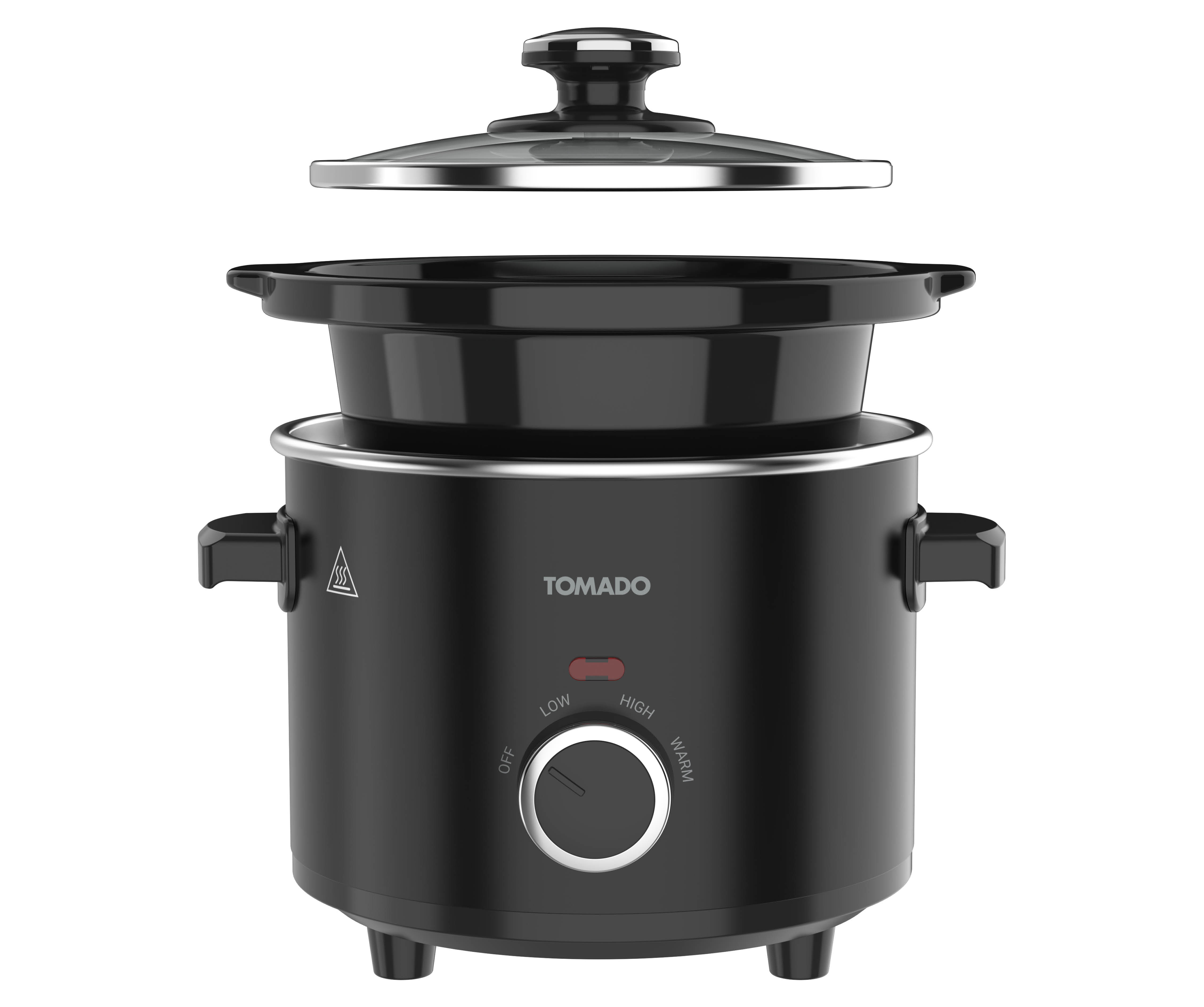 Schwarzer Tomado Slow Cooker mit abnehmbarem Keramiktopf und Glasdeckel.