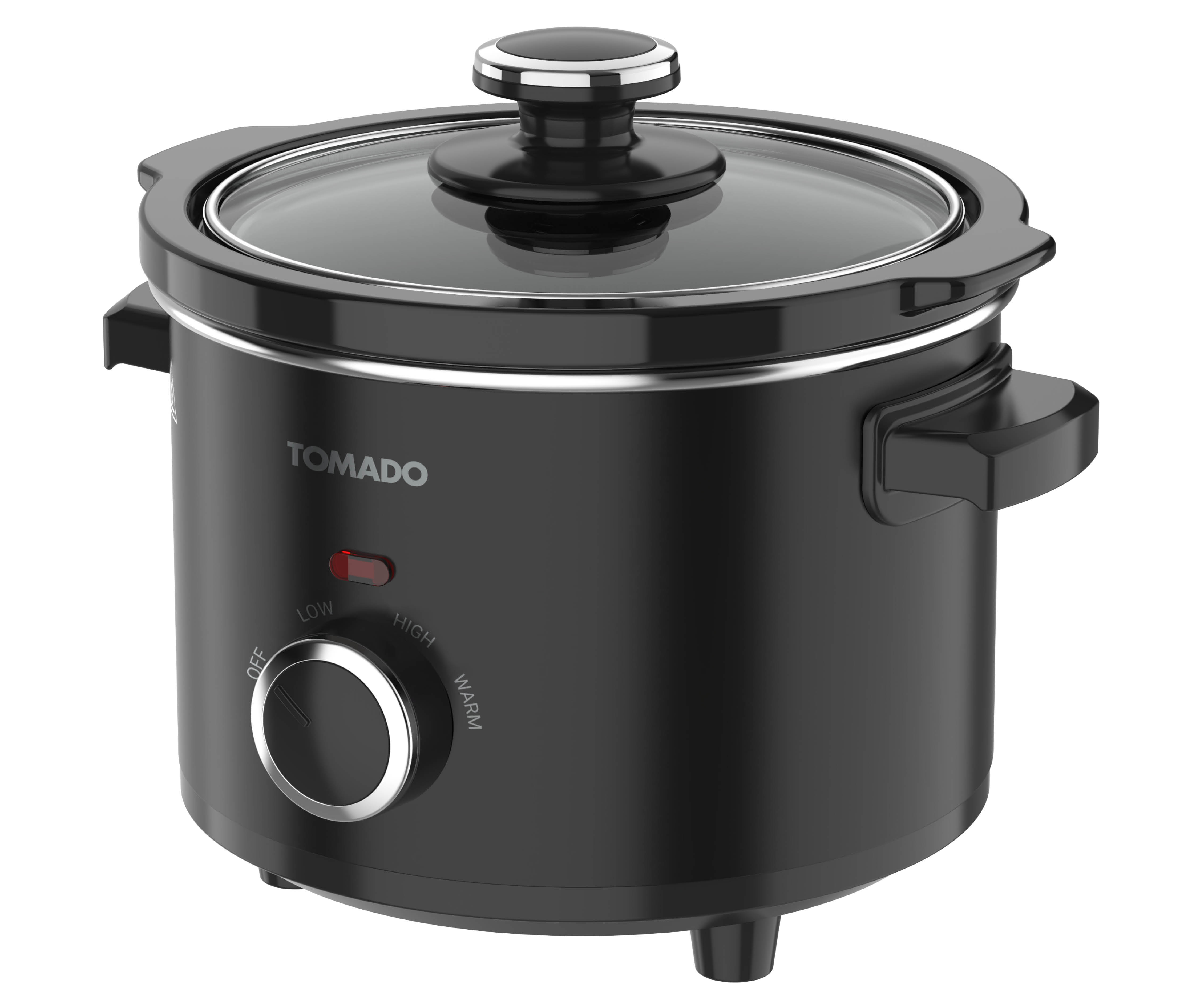 Ein schwarzer Tomado Slow Cooker mit Glasdeckel und Drehregler vorne.
