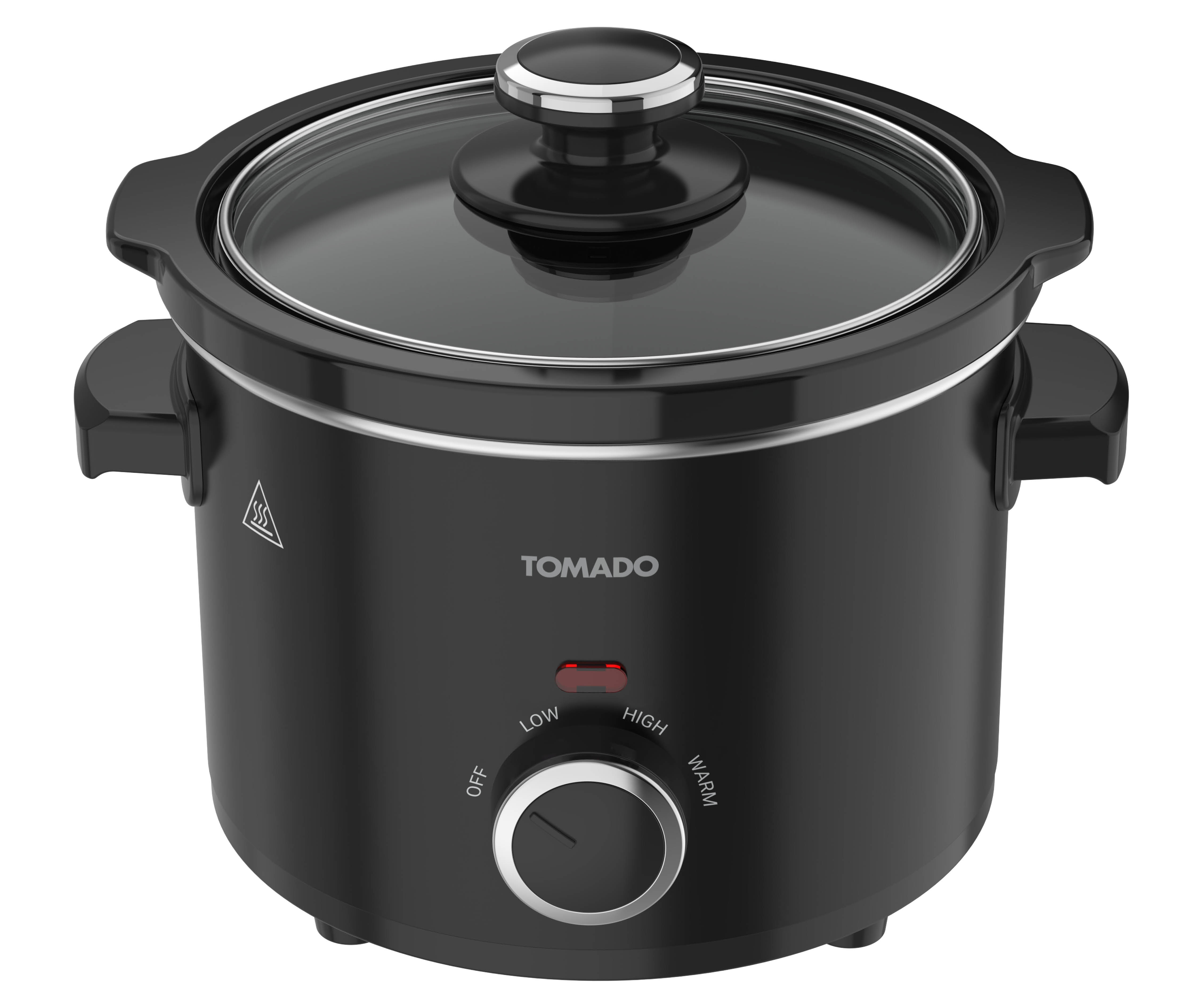 Schwarzer Tomado Slow Cooker mit Glasdeckel und Drehregler auf weißem Grund.