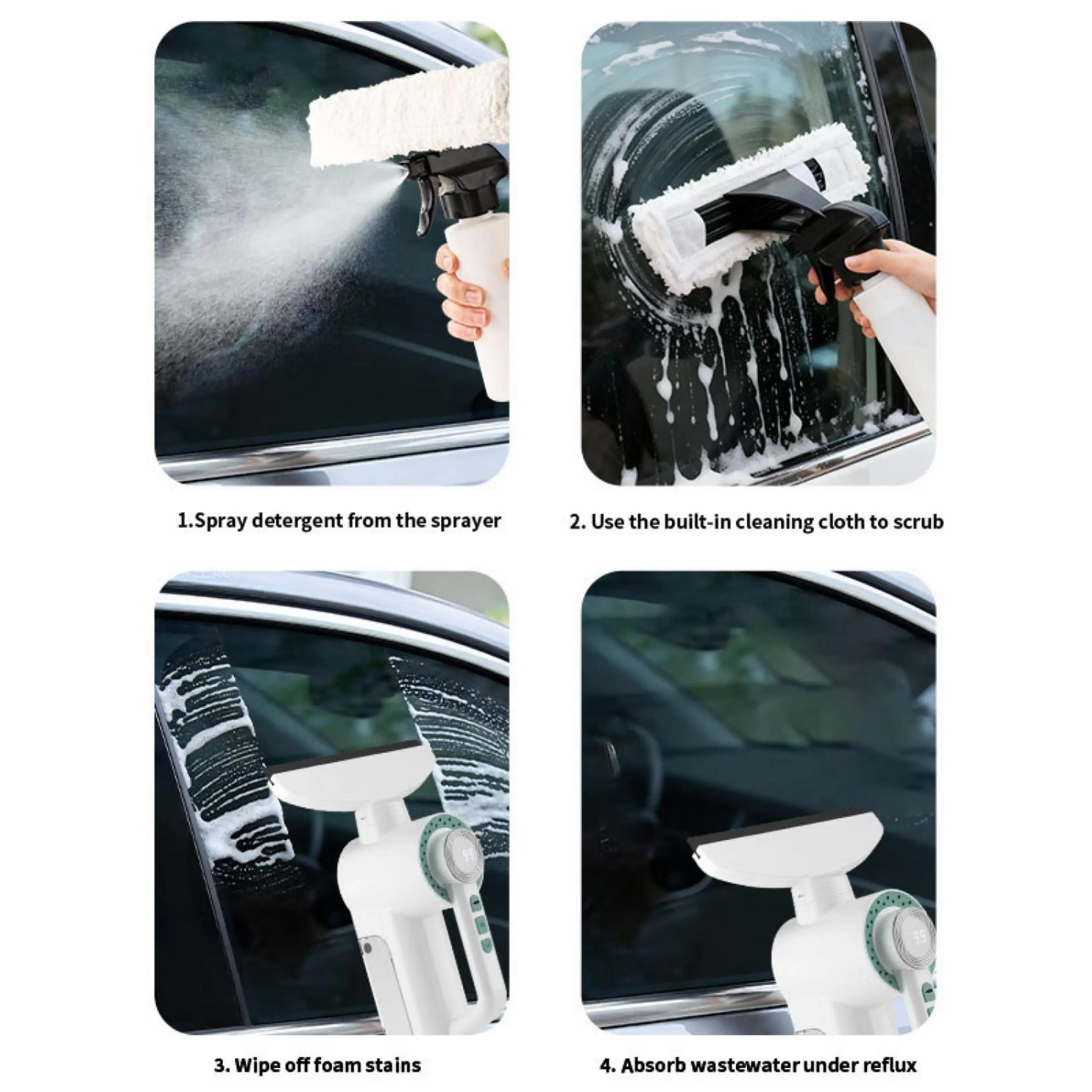 Vier Schritte zeigen, wie man ein Autofenster mit einem elektrischen Sprühreiniger wäscht und abzieht.