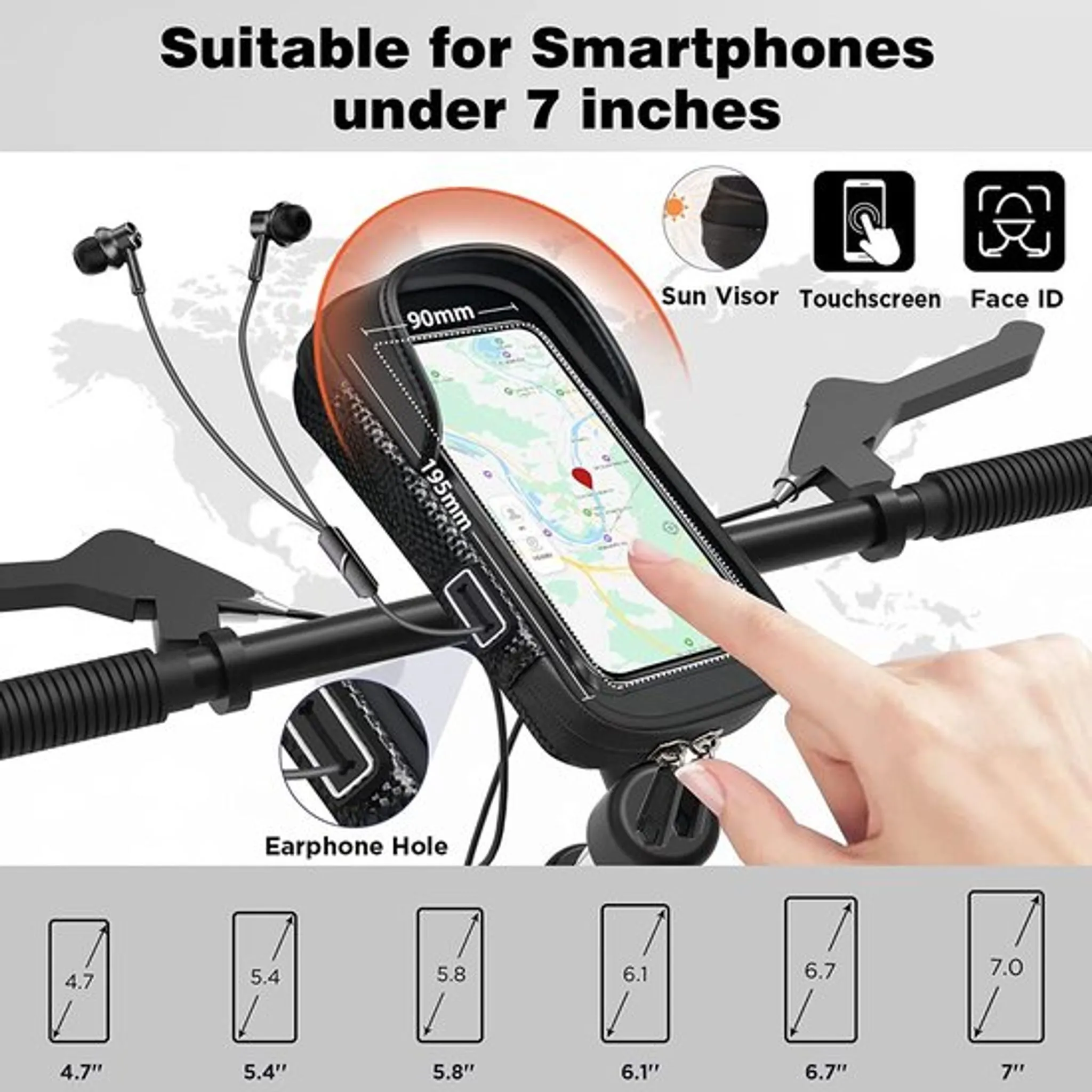 Fahrrad-Handyhalterung am Lenker mit Touchscreen, Sonnenblende und Kopfhöreranschluss für Smartphones unter 7 Zoll.