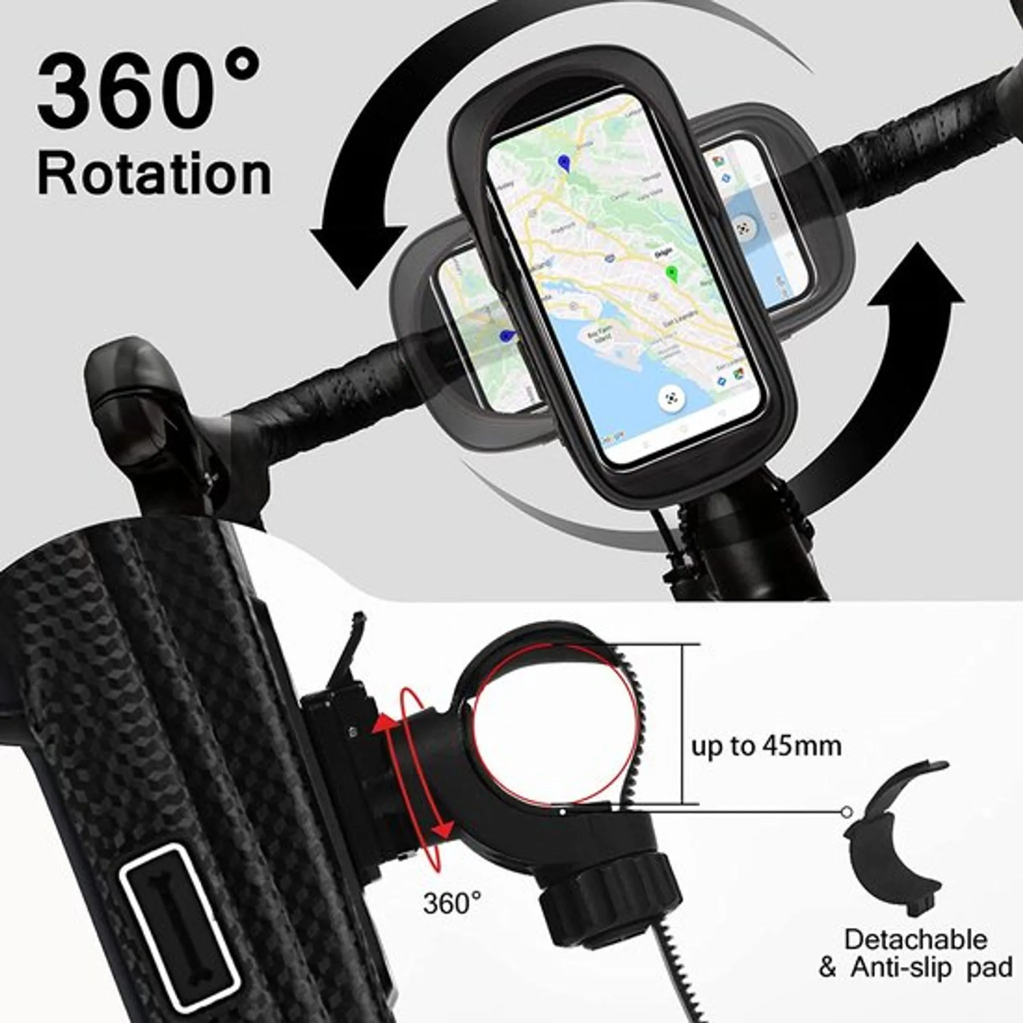 Eine Handyhalterung am Fahrradlenker mit 360-Grad-Drehung und einem abnehmbaren Antirutschpad.