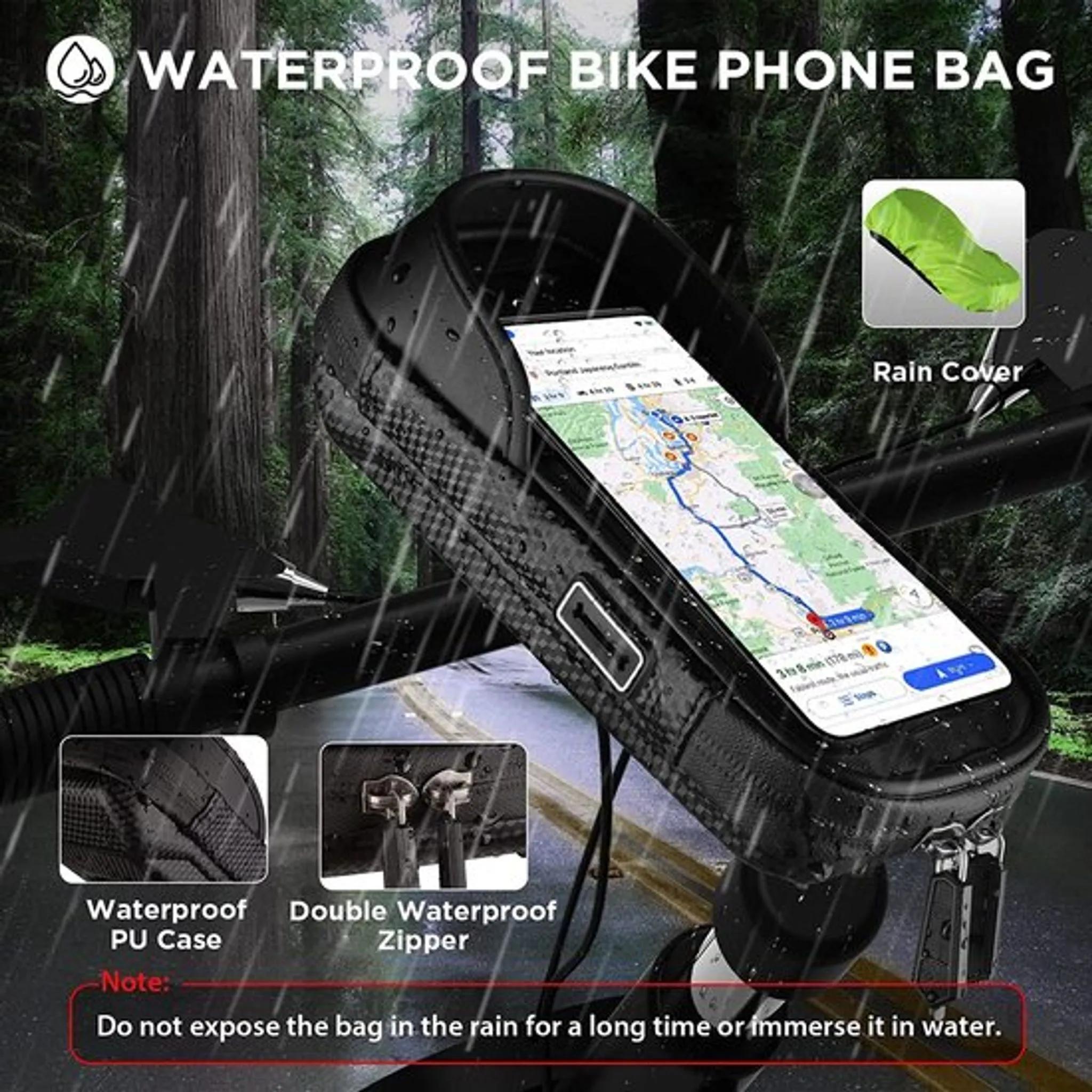 Wasserdichte Fahrrad-Handytasche am Lenker befestigt, im Regen, mit Insets für Regenschutz und Reißverschluss.