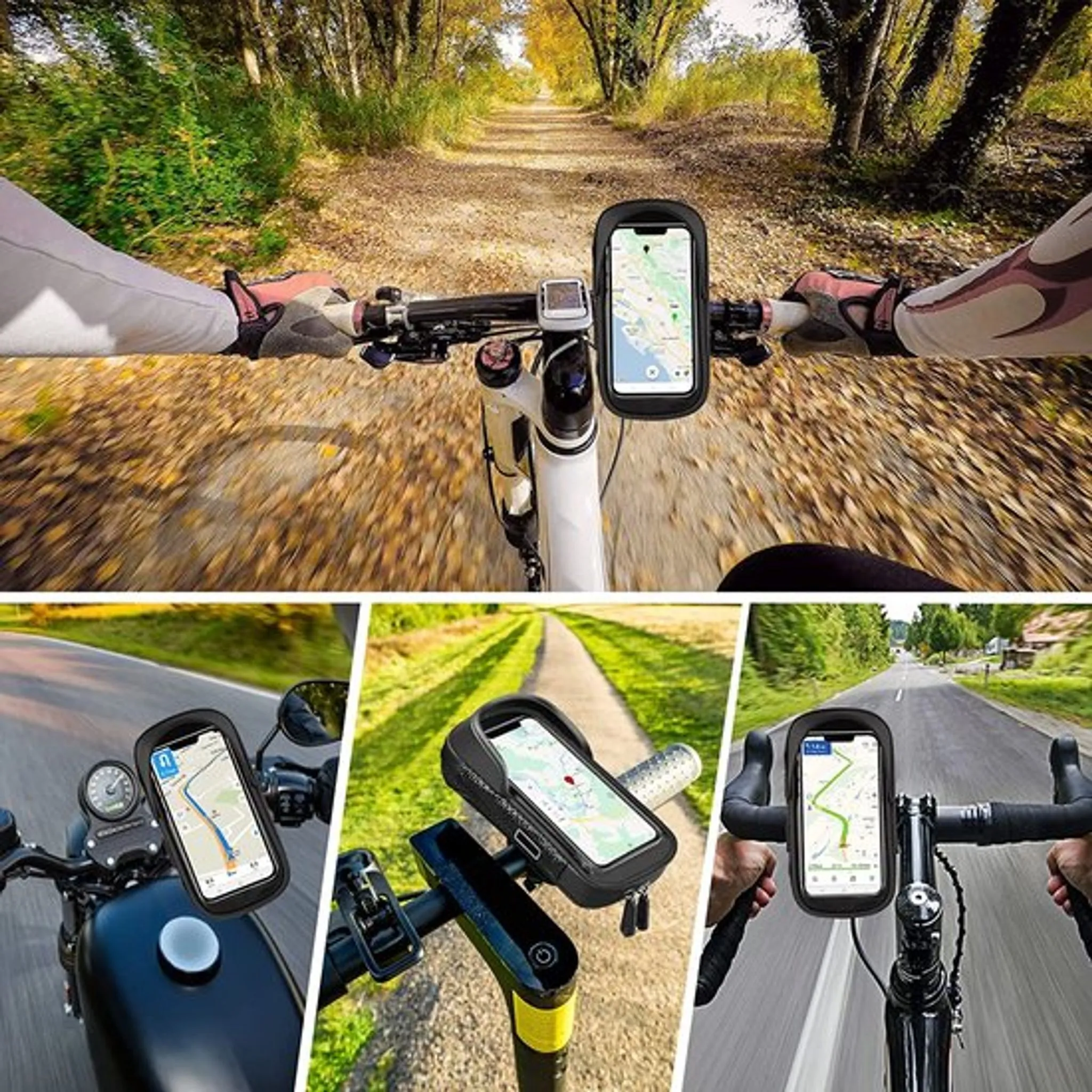 Fahrradlenker mit Smartphone-Halterung auf einer sonnigen Landstraße.