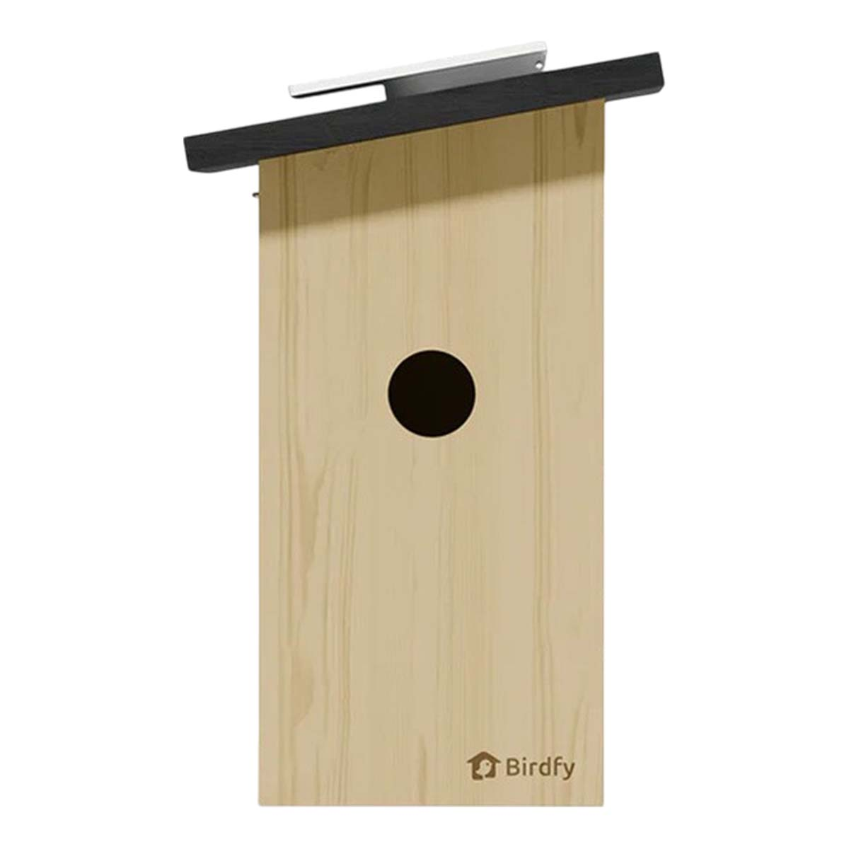 Ein hölzernes Vogelnisthaus mit schwarzem Schrägdach, zentralem Eingang und Birdfy-Logo vor weißem Hintergrund.