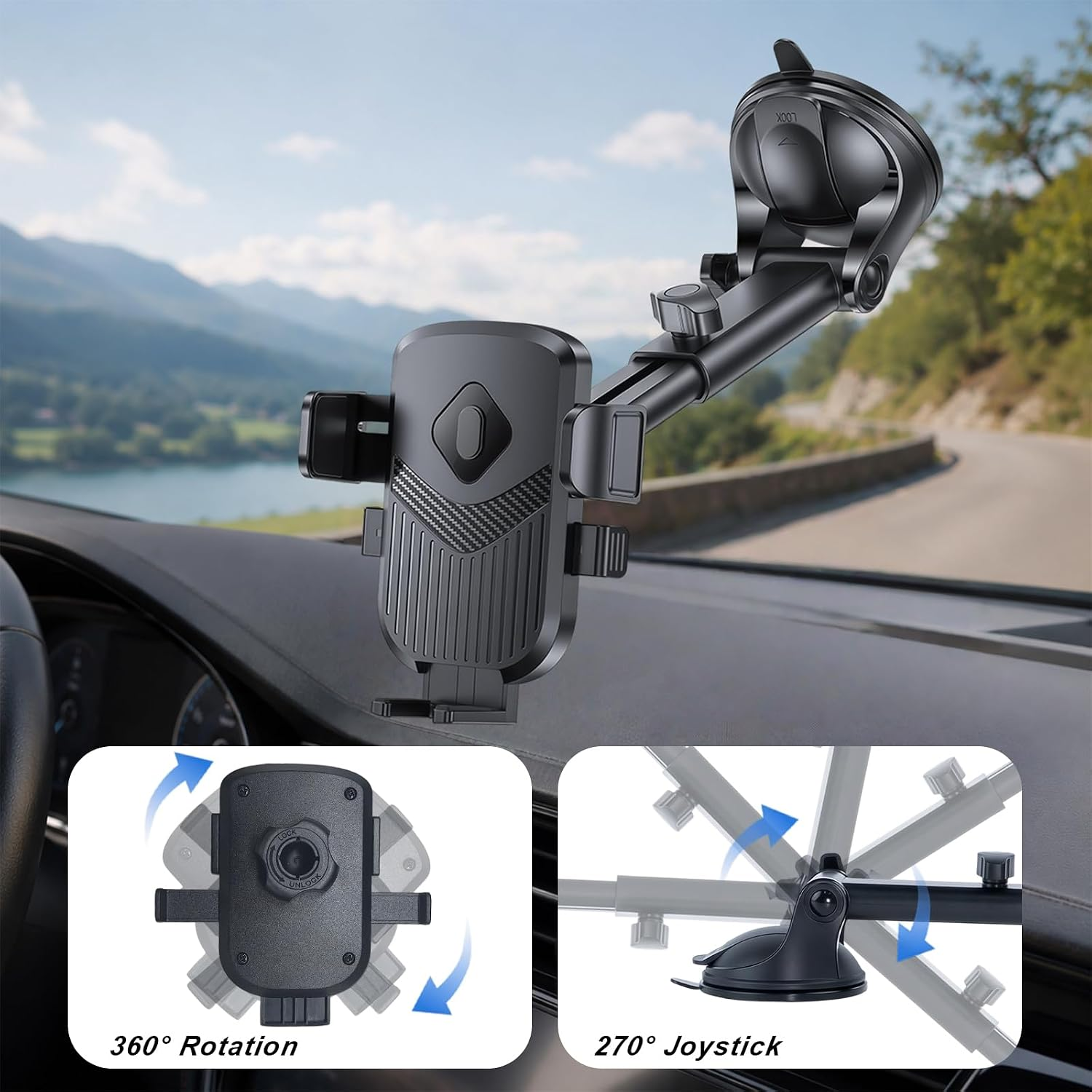 Schwarze Handyhalterung mit Saugnapf auf dem Armaturenbrett eines Autos, mit Insets für 360-Grad-Drehung und 270-Grad-Joystick.