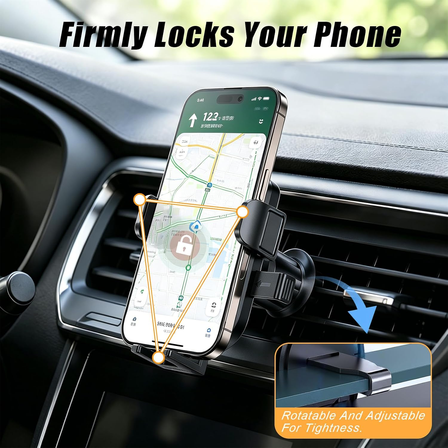 Ein Smartphone an einer Auto-Lüftungsdüse mit Karte, und Text dass es sicher hält.