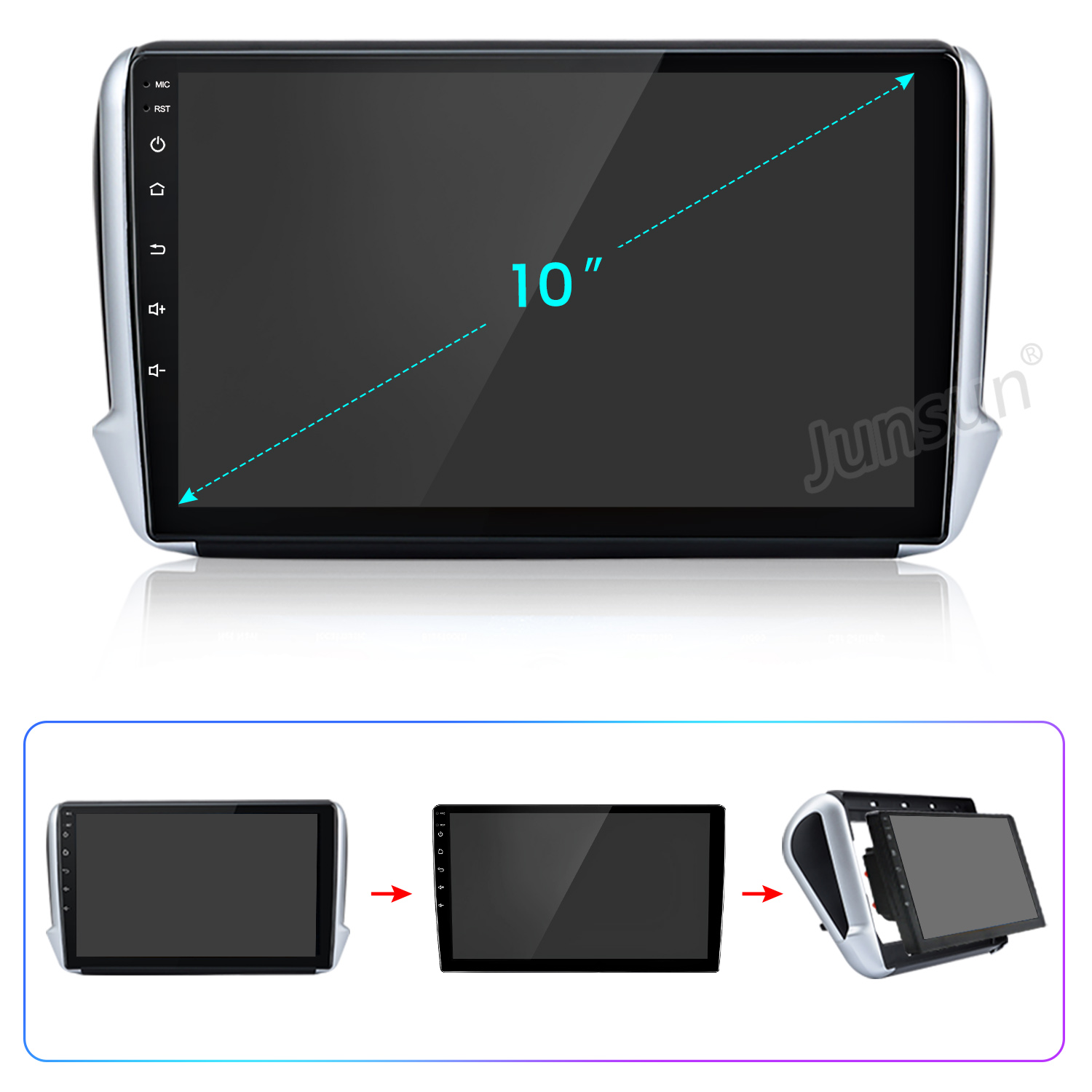 Ein 10-Zoll schwarzes Autoradio-Display mit seitlichen Tasten und Installationsschritten unten.