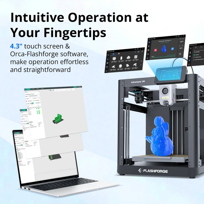 Ein Flashforge-3D-Drucker und ein Laptop mit Software, die die intuitive Touchscreen-Bedienung hervorheben.