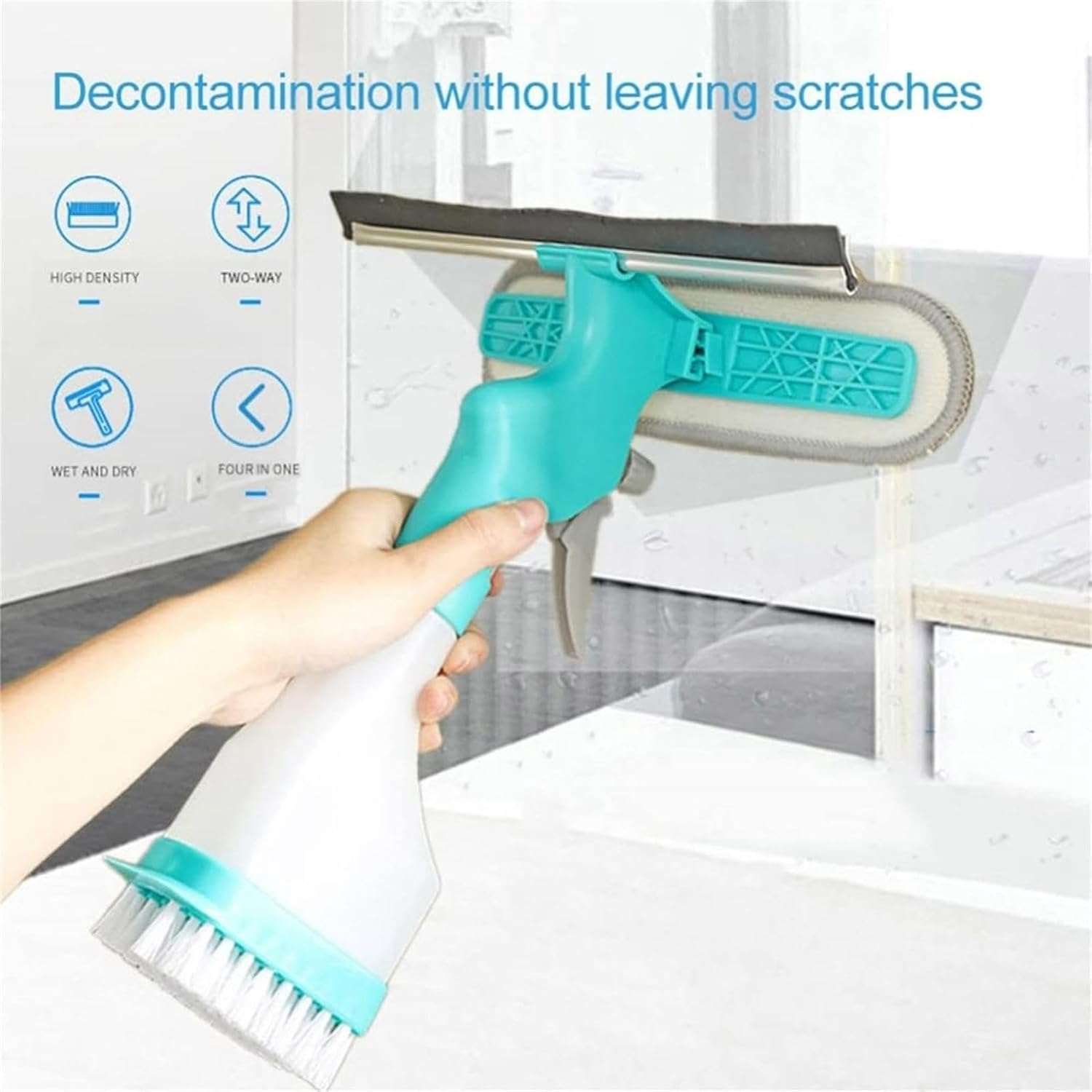 Hand hält einen multifunktionalen blauen und weißen Fensterreiniger mit integrierter Sprühflasche.