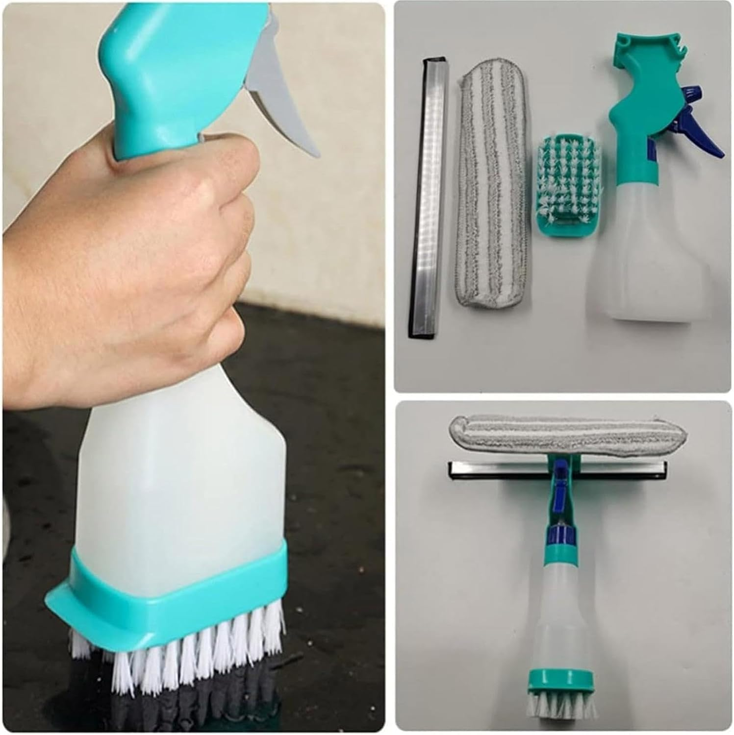 Ein vielseitiges 3-in-1-Reinigungsset mit Sprühflasche, Schrubber und Abzieher.