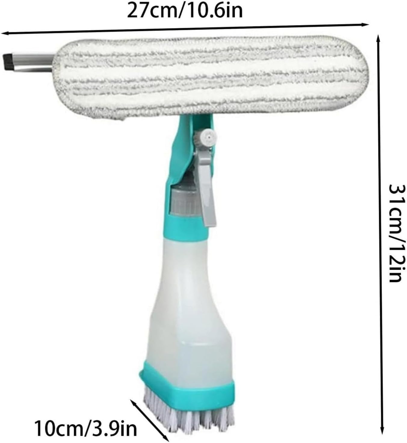 Fensterputzer mit Sprühflasche, Wischer und Bürste, inklusive Bemaßungsangaben.