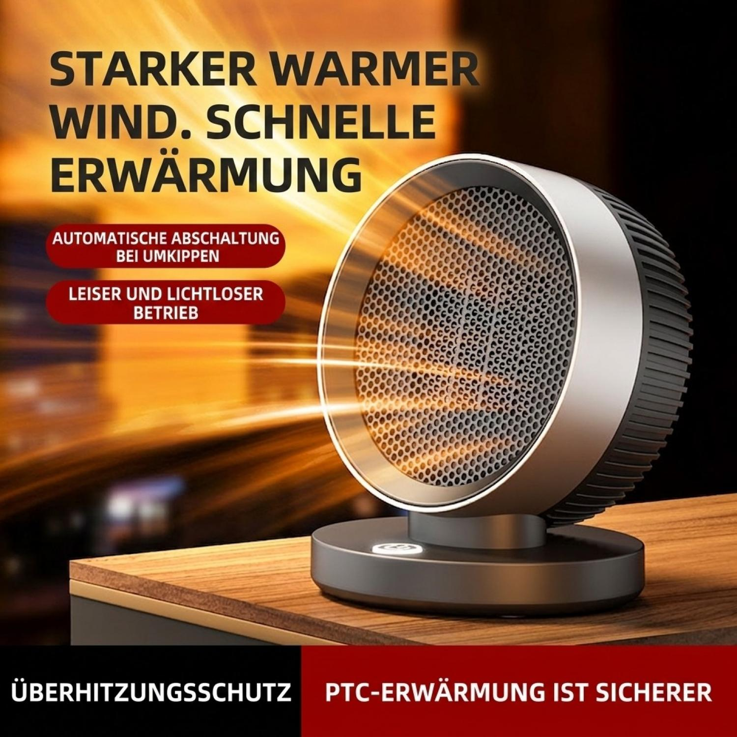 Ein runder elektrischer Heizlüfter steht auf einem Holztisch, umgeben von Werbetexten auf Deutsch.