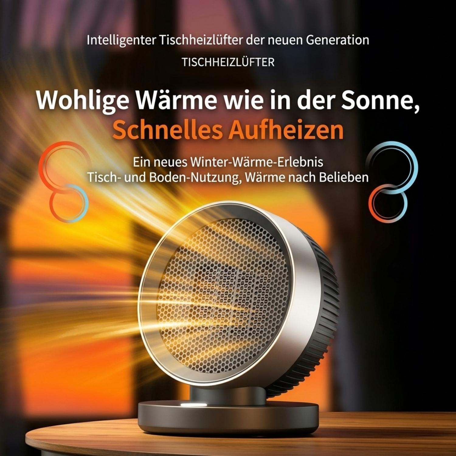 Ein runder, silberner Tischheizlüfter steht auf einem Holzisch vor dunklem Hintergrund mit deutscher Werbeschrift.
