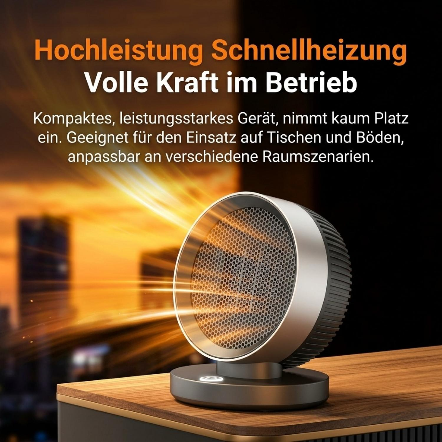 Kompakter Raumheizer auf einem Holztisch mit Lichtstrahlen, die Wärme symbolisieren.