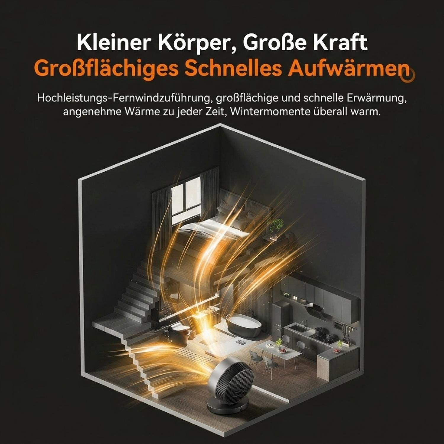 Ein Raumheizlüfter sendet warme orangene Wellen aus und wärmt ein modernes zweistöckiges Apartment.