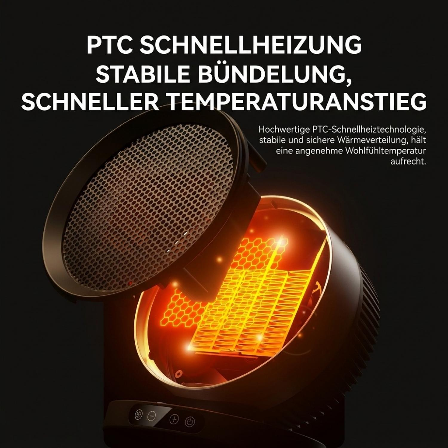 Ein offener elektrischer Heizlüfter zeigt das innere gelb-orange glühende PTC-Heizelement mit wabenförmigem Gitter.