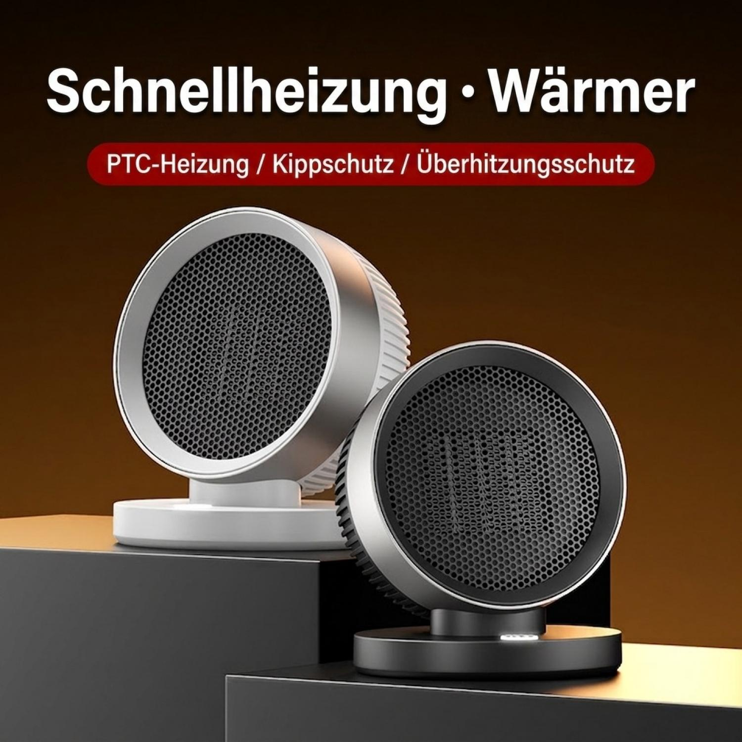 Zwei runde Tischheizer in weiß und schwarz auf Ständern vor braunem Hintergrund.