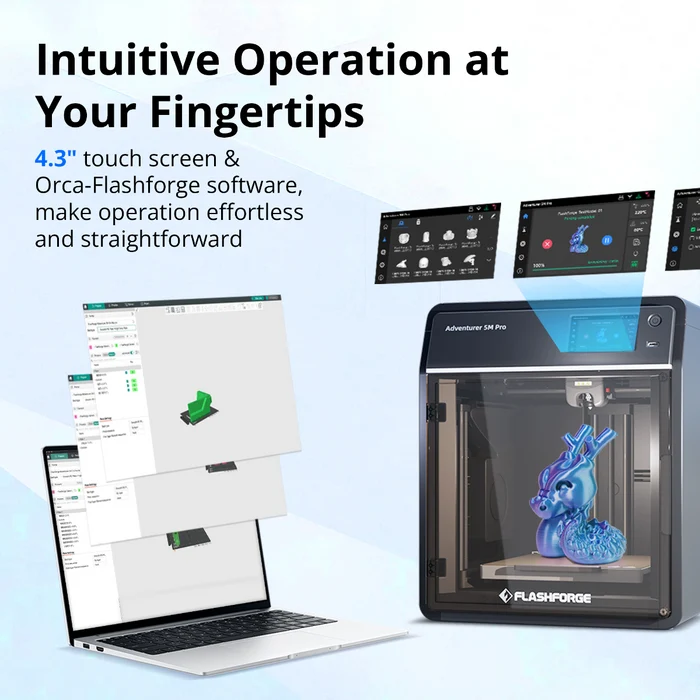 Ein 3D-Drucker und ein Laptop mit Software, die eine intuitive Touchscreen-Bedienung zeigen.