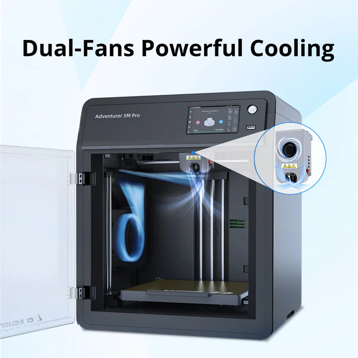Ein 3D-Drucker mit hervorgehobenem Dual-Fan-Kühlsystem, Luftstromgrafiken und geöffneter Glastür.