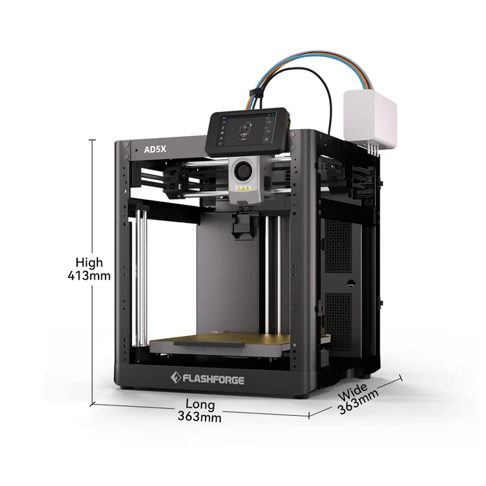 Schwarzer Flashforge AD5X 3D-Drucker mit Maßen: 363mm lang, 363mm breit, 413mm hoch.