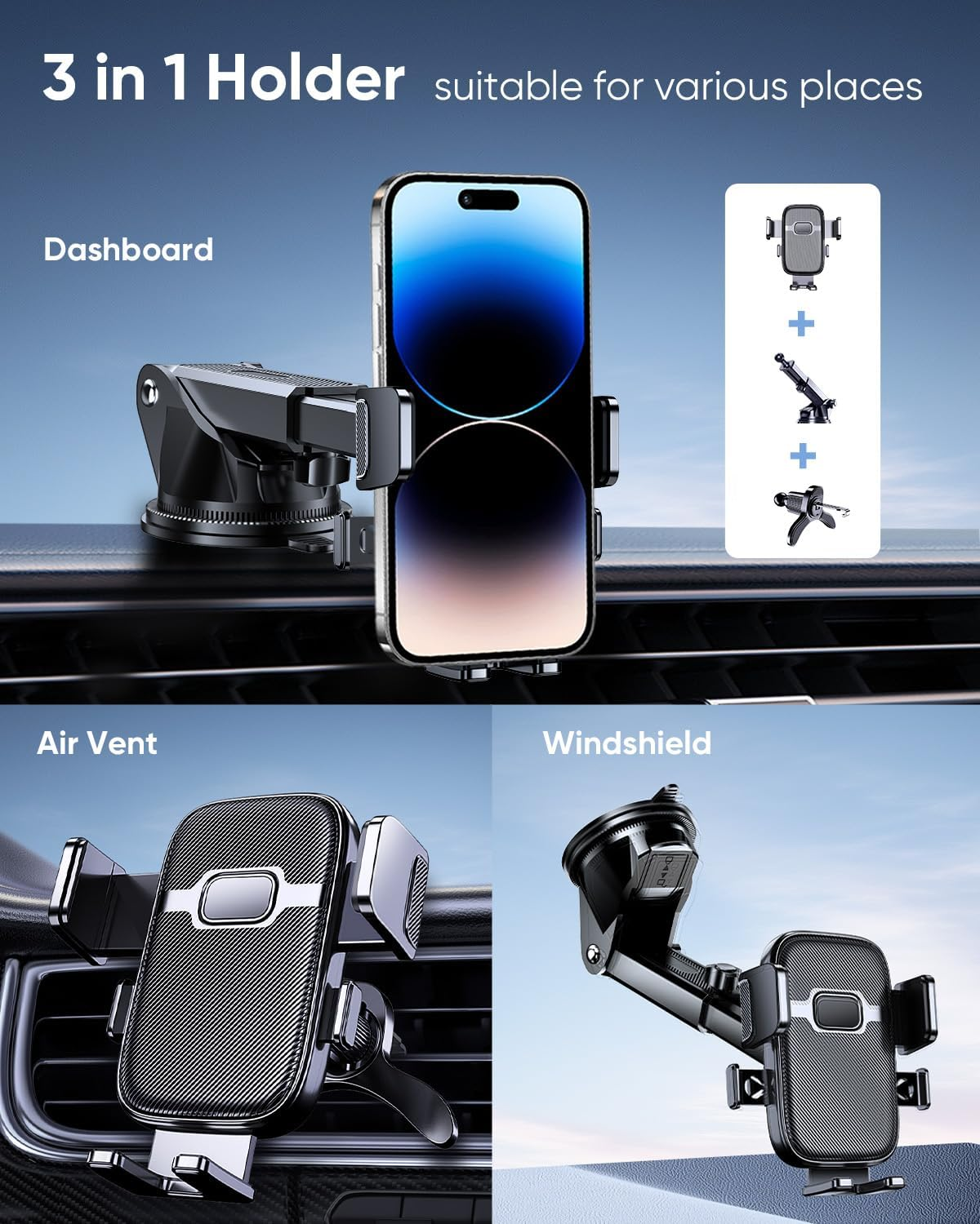 Ein 3-in-1-Telefonhalter für Armaturenbrett, Lüftungsschlitz und Windschutzscheibe mit einem schwarzen Smartphone.
