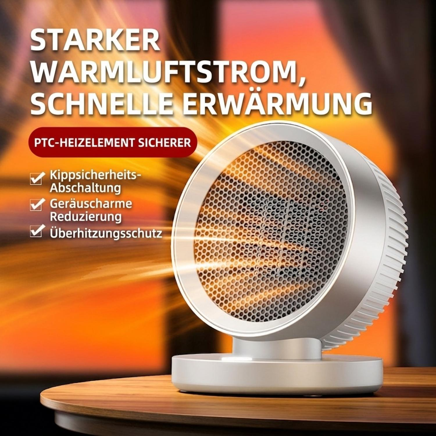 Ein weißer, runder Heizlüfter steht auf einem Holztisch, umgeben von Werbetext auf Deutsch.