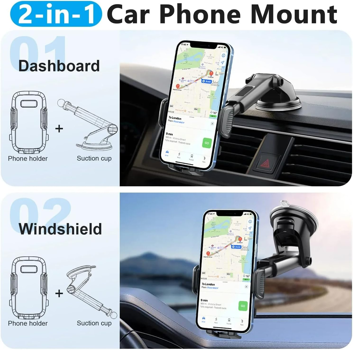Ein 2-in-1-Autohandyhalter für Dashboard und Windschutzscheibe zeigt ein Smartphone mit GPS-Navigation.