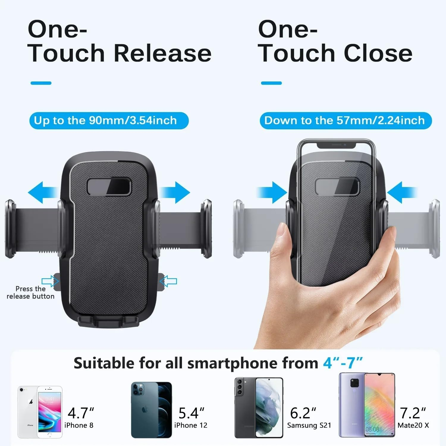 Diagramm zeigt die Einhandbedienung einer Autohalterung für Smartphones von 4 bis 7 Zoll.