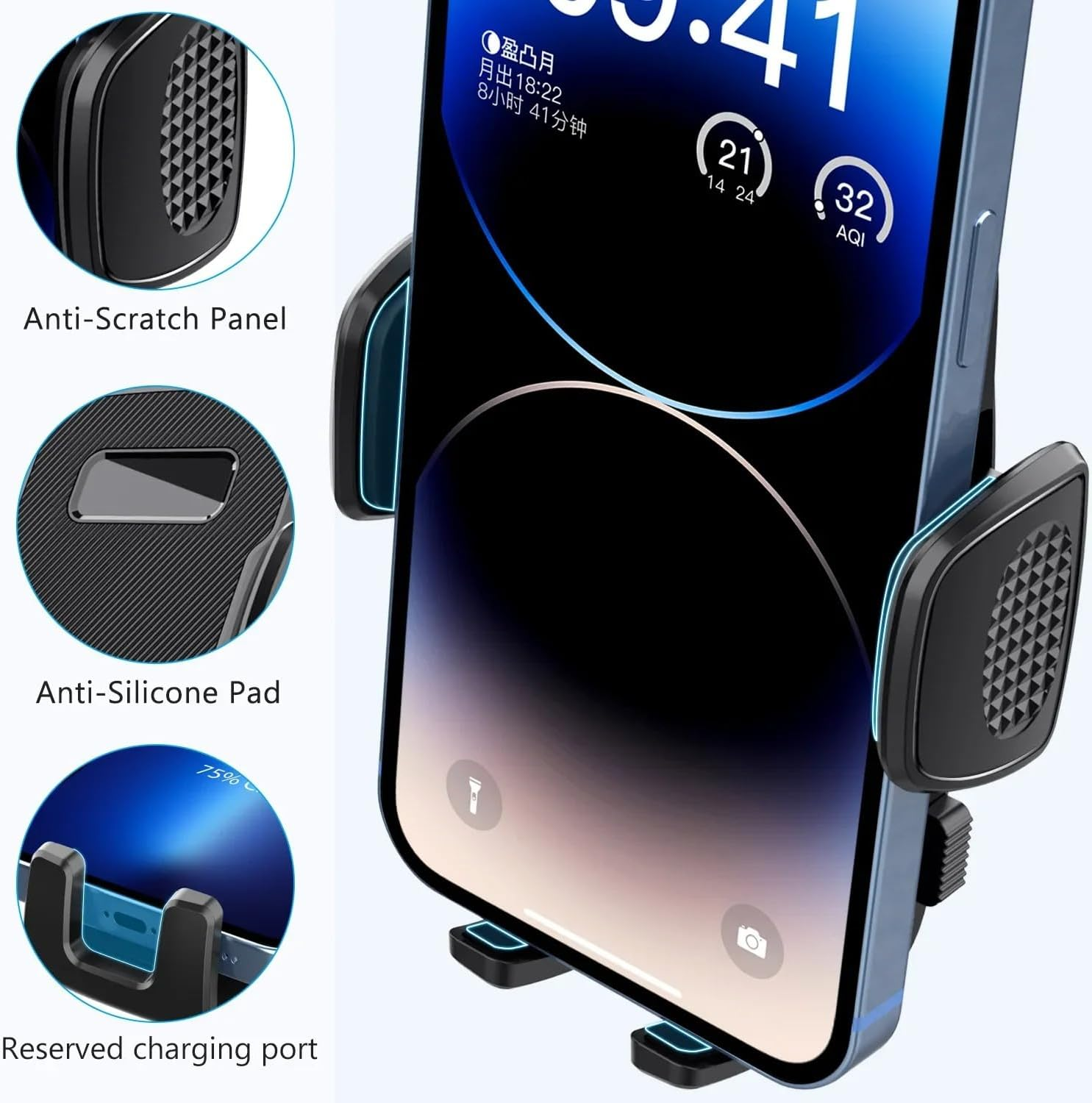 Telefon in Kfz-Halterung mit Detailaufnahmen von Schutzpanel, Pad und Ladeanschluss.