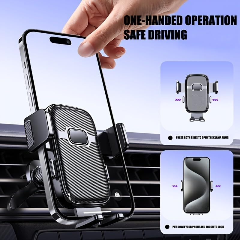 Eine Hand zeigt eine Einhand-Autohandyhalterung an einer Auto-Lüftungsschlitz mit zwei Einlegeanleitungen.
