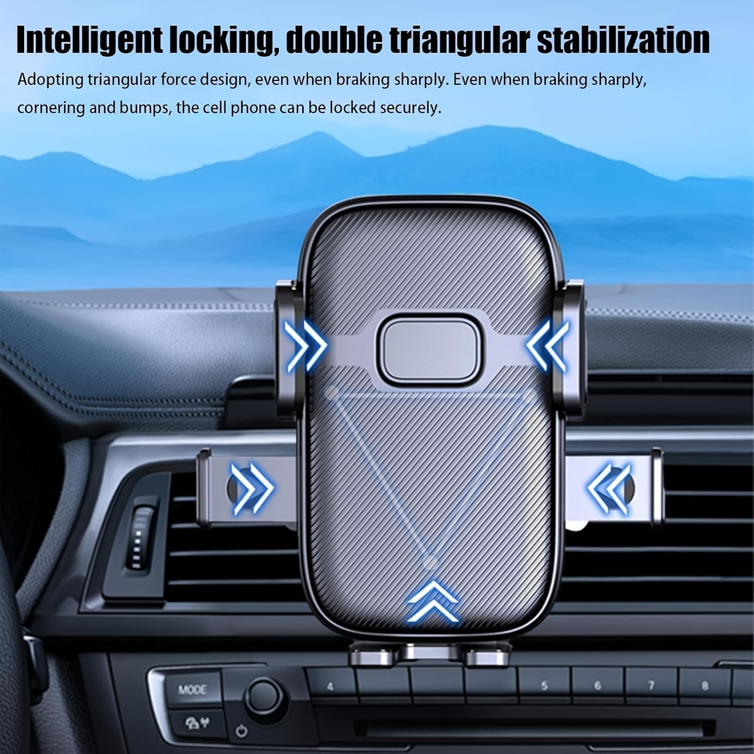Eine Auto-Handyhalterung ist an den Lüftungsschlitzen des Armaturenbretts befestigt, mit Text oben.