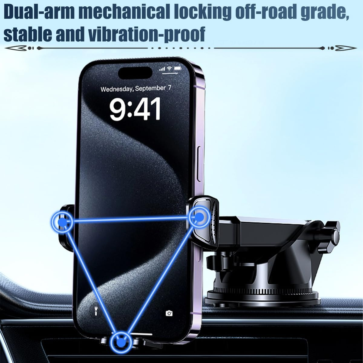 Smartphone in stabiler Kfz-Halterung auf dem Armaturenbrett.
