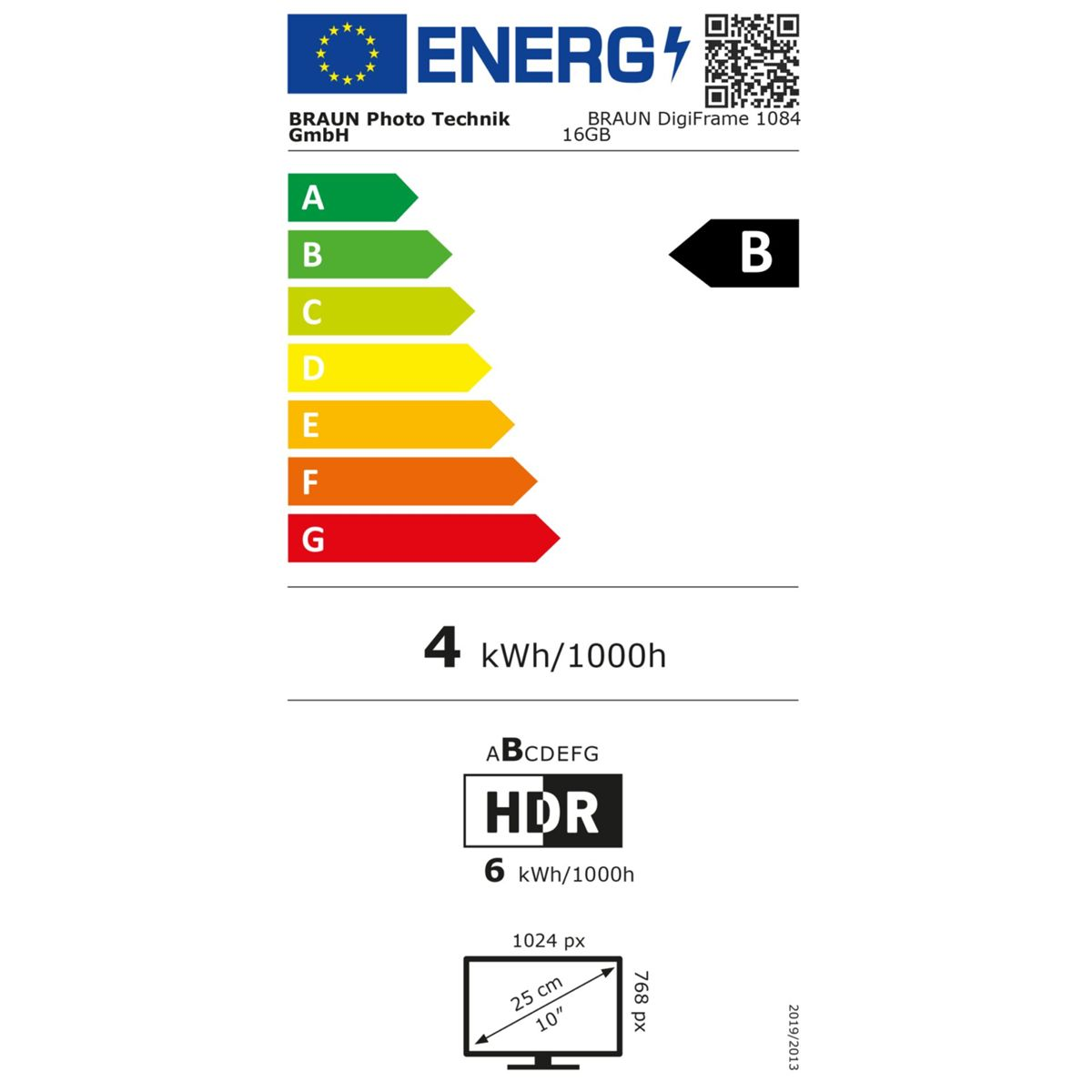 EU-Energielabel für BRAUN DigiFrame 1084 mit Energieeffizienzklasse B und 4 kWh/1000h Verbrauch.
