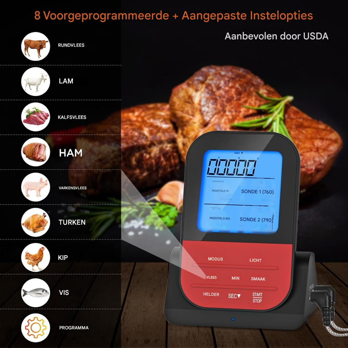 Digitales Fleischthermometer mit LCD-Bildschirm, das verschiedene Fleischarten und Einstellungen anzeigt.