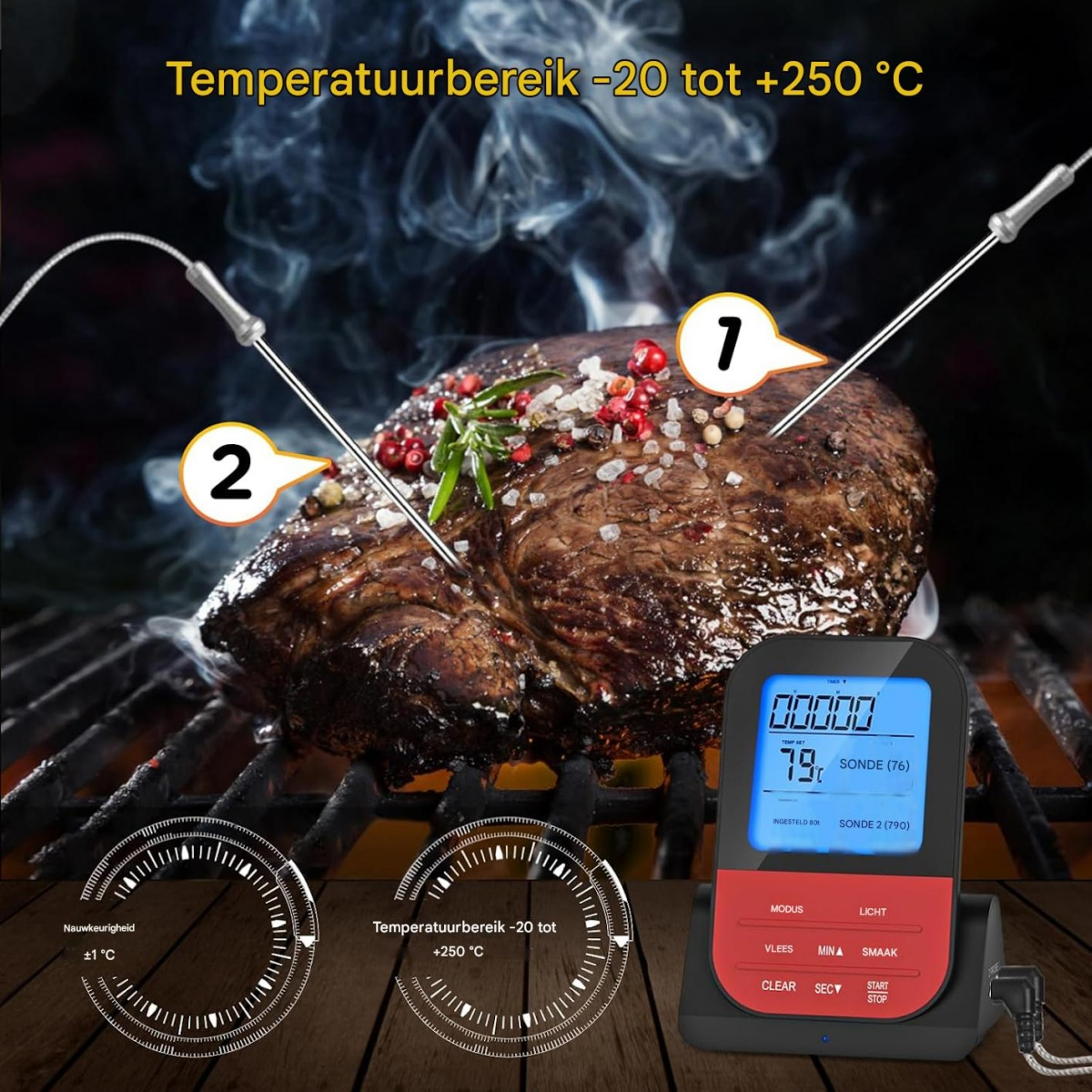 Ein Steak auf dem Grill mit zwei Temperaturfühlern und einem digitalen Thermometer.