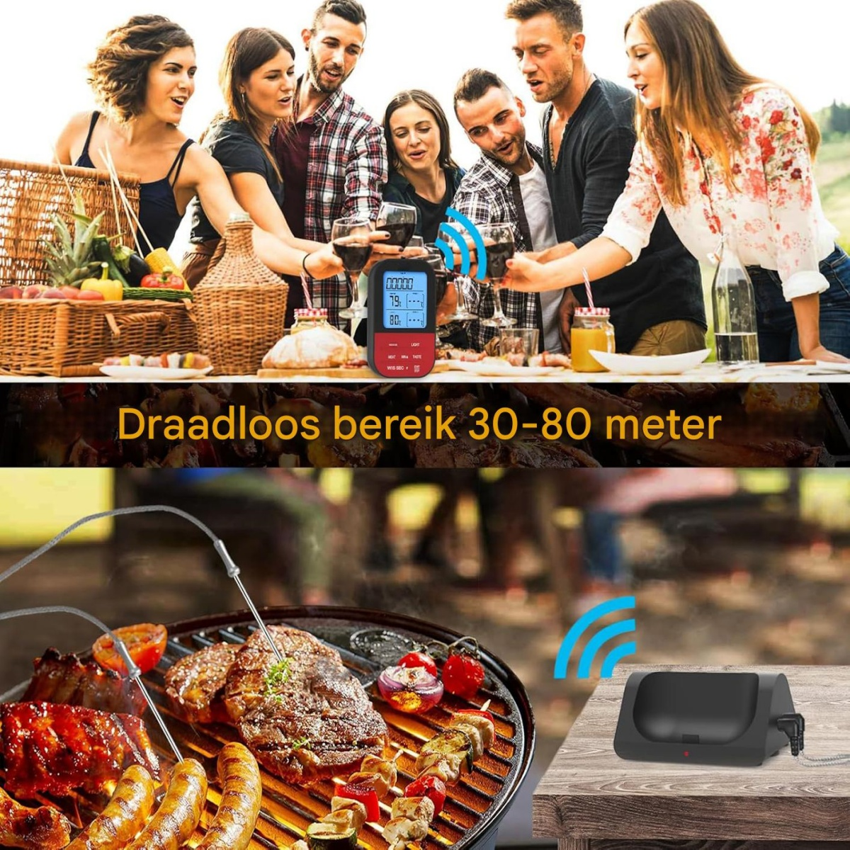 Freunde stoßen an, während ein digitales Thermometer Fleisch auf dem Grill überwacht.