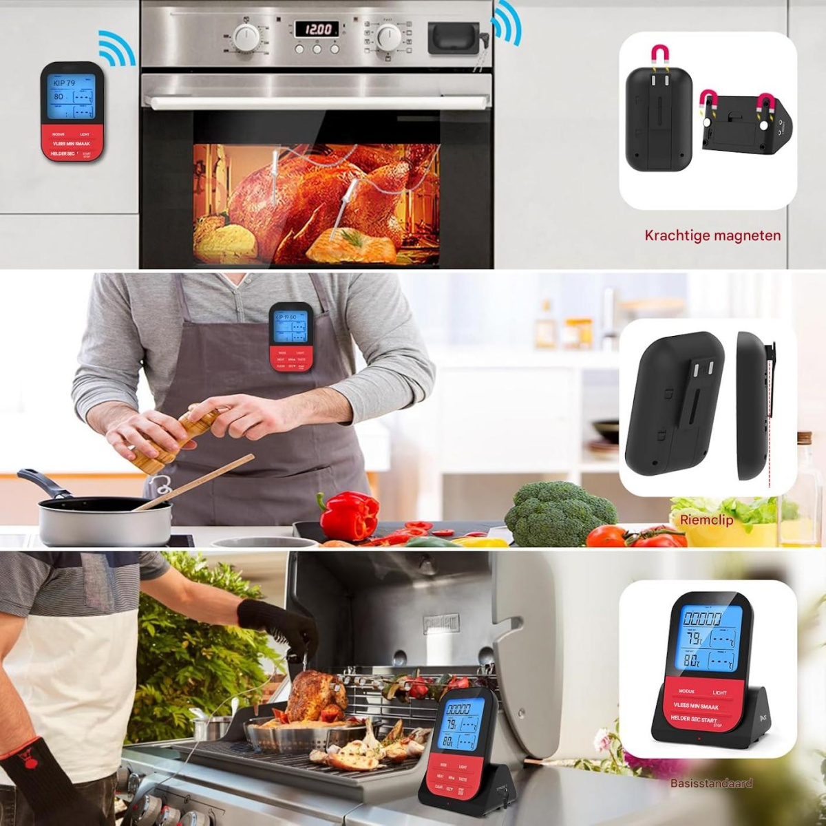 Digitale Fleischthermometer mit Magneten, Clip und Standfuß für Ofen und Grill.