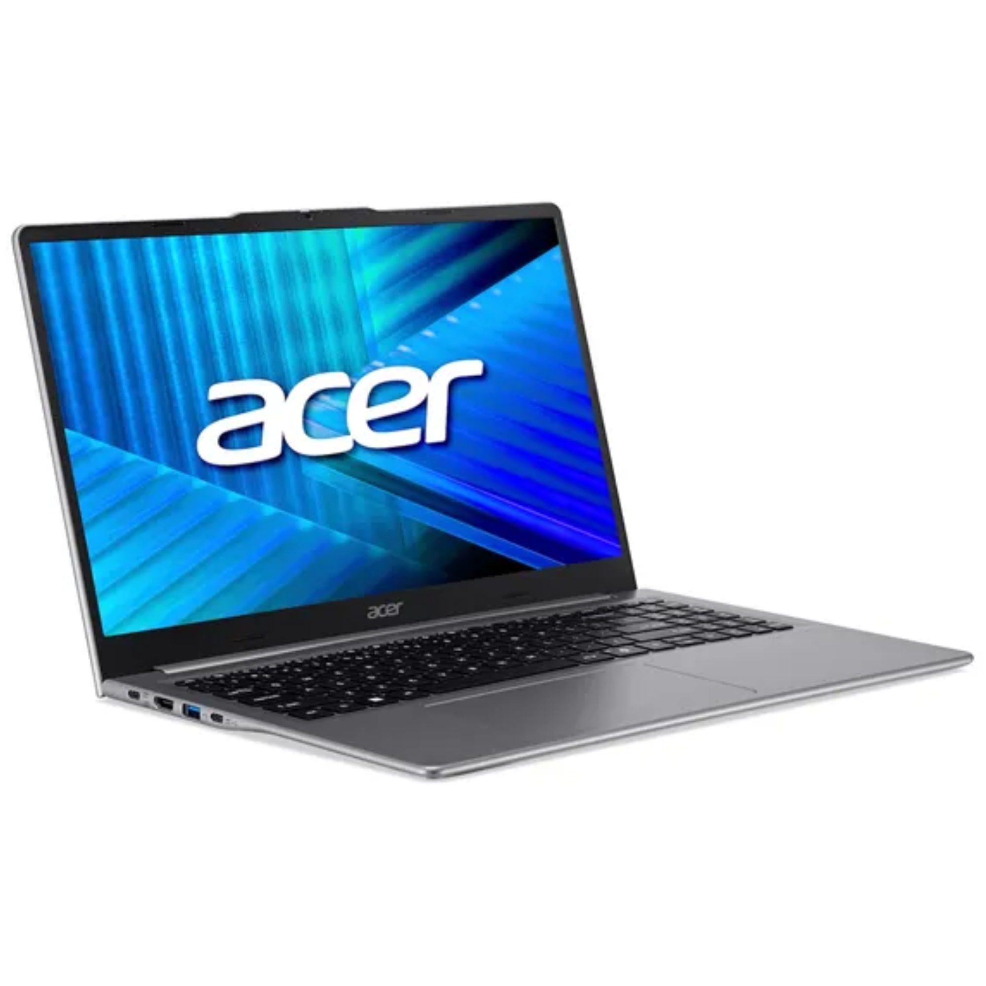 Ein silberner Acer Laptop mit blauem Bildschirm auf weißem Hintergrund.