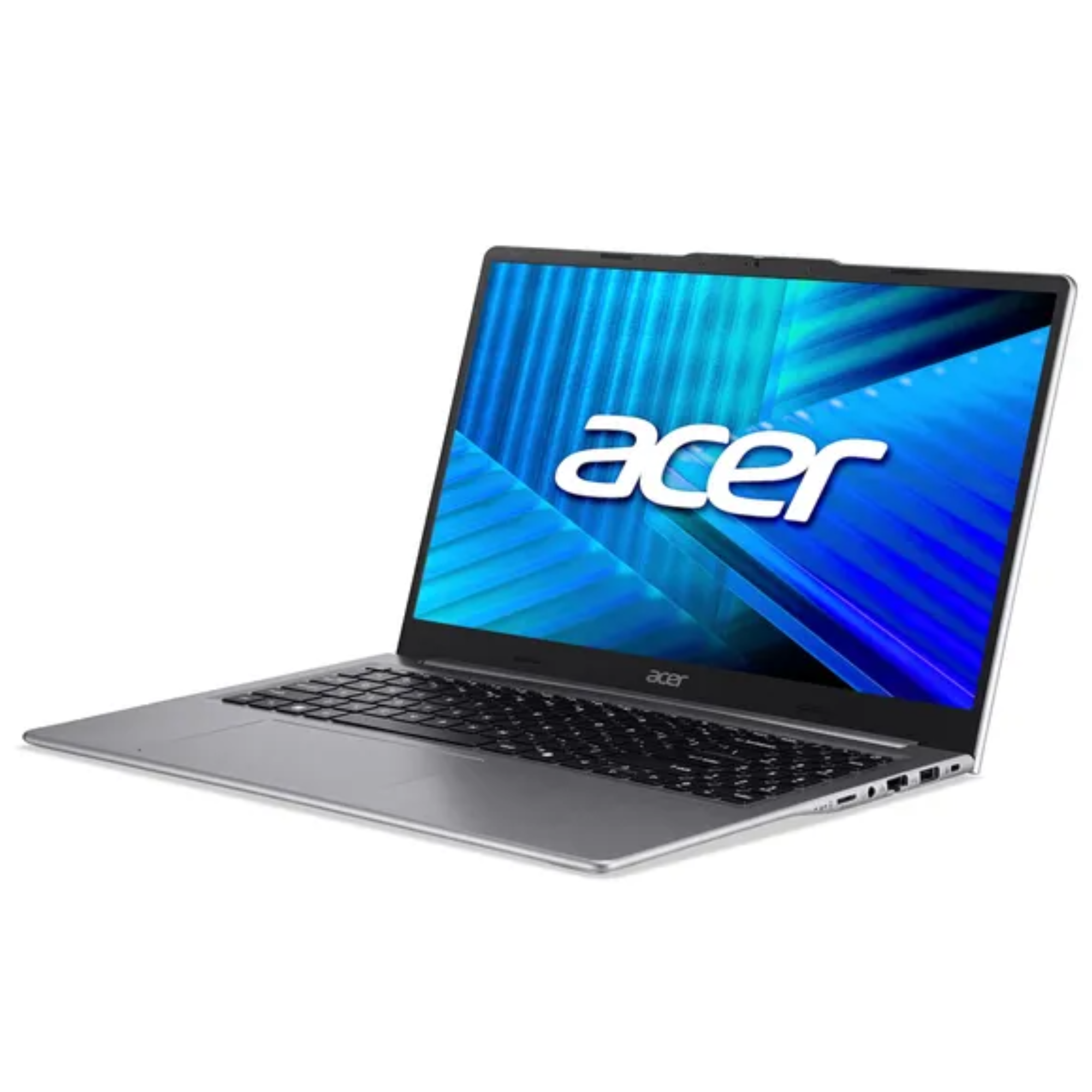 Ein offener silberner Acer-Laptop vor weißem Hintergrund mit dem Acer-Logo auf dem Bildschirm.