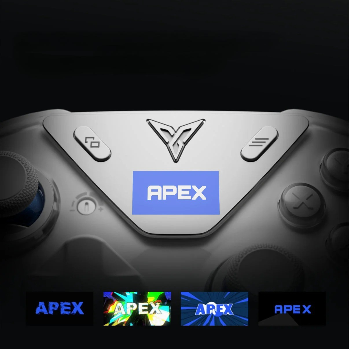 Zbliżenie kontrolera do gry ze srebrną metalową płytką i logo APEX.