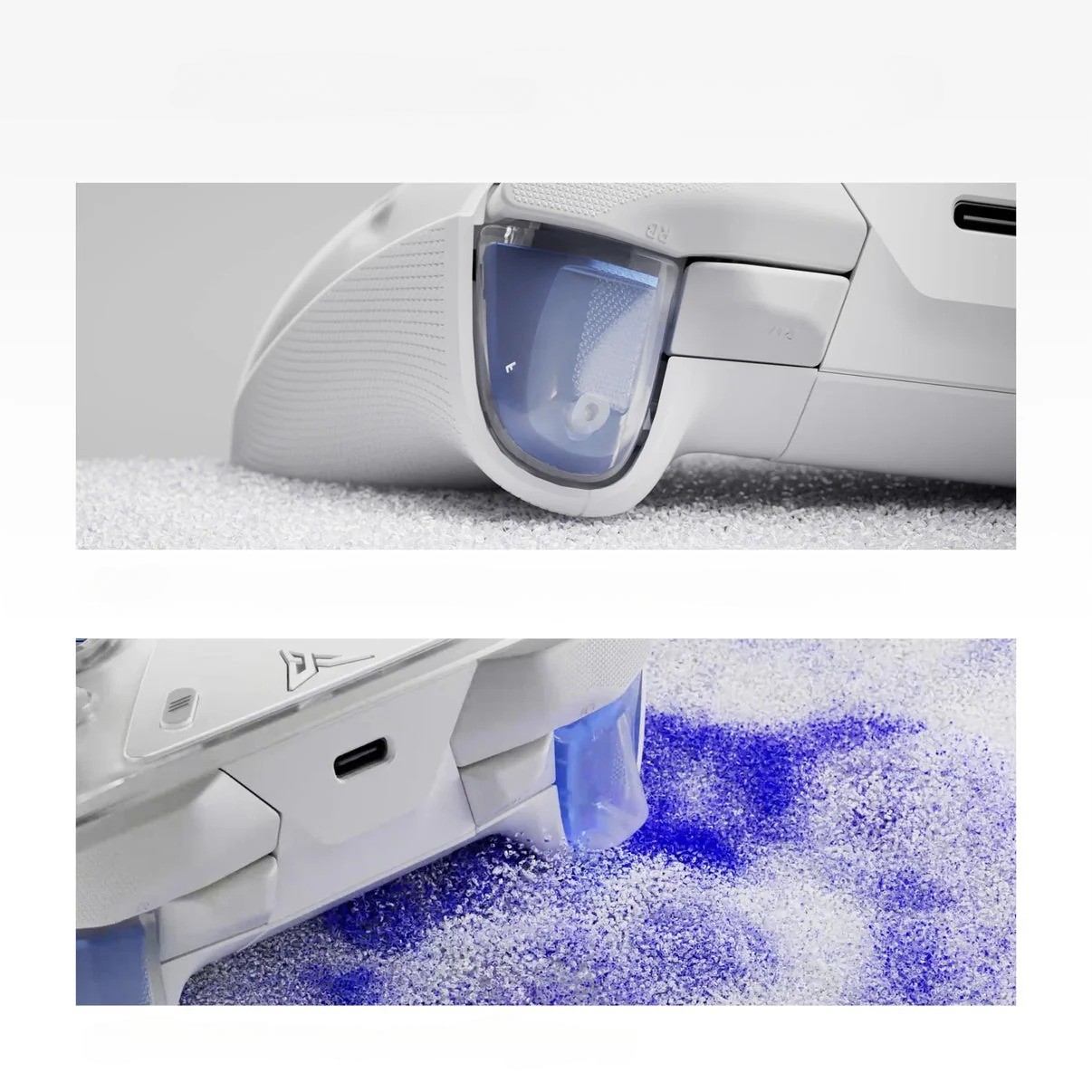 Zbliżenie białego kontrolera do gier z niebieskimi akcentami i portem USB-C na teksturowanej powierzchni.