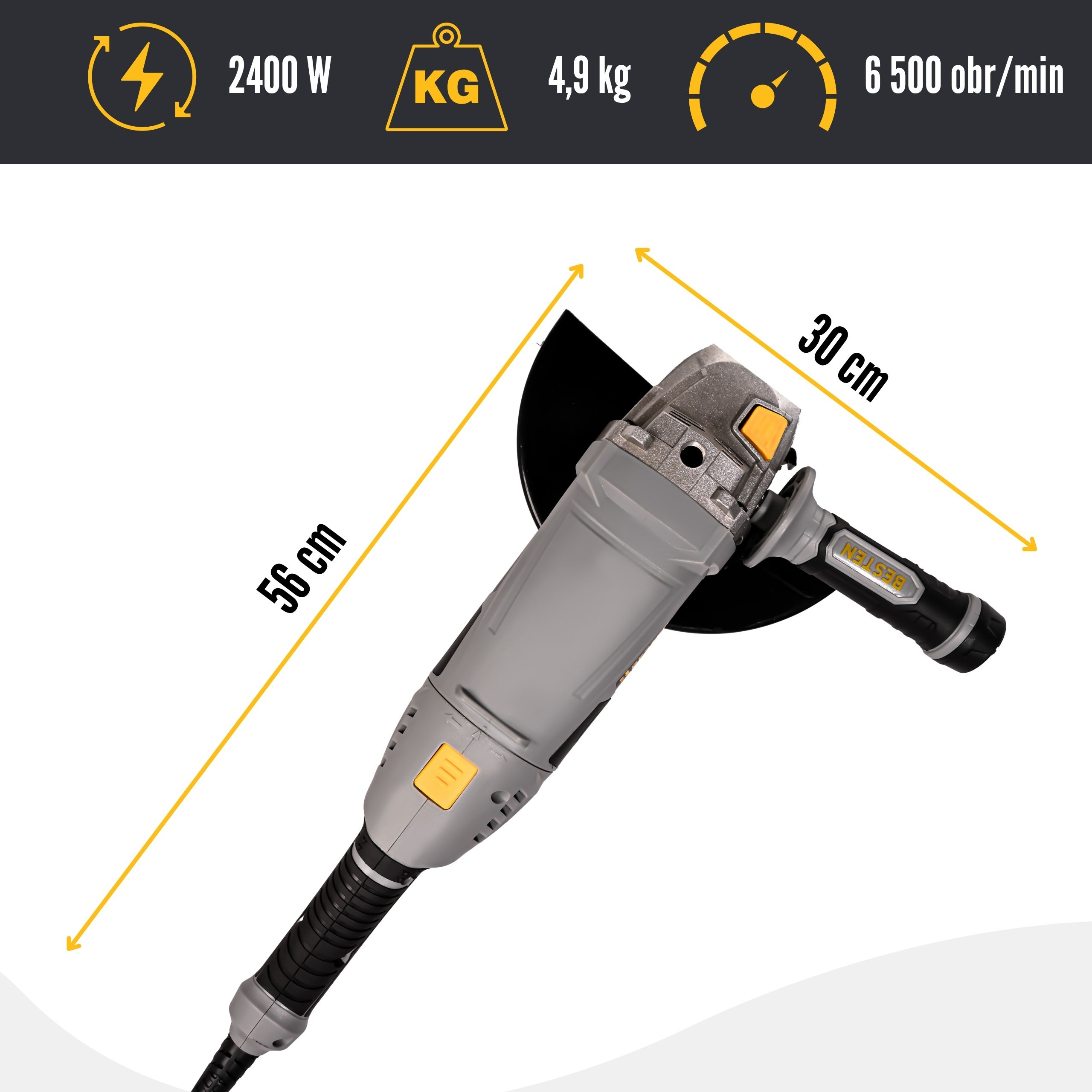 Szary i czarny szlifierka kątowa o specyfikacji: 2400W, 4,9kg, 6500 obr/min, długość 56cm i szerokość 30cm.