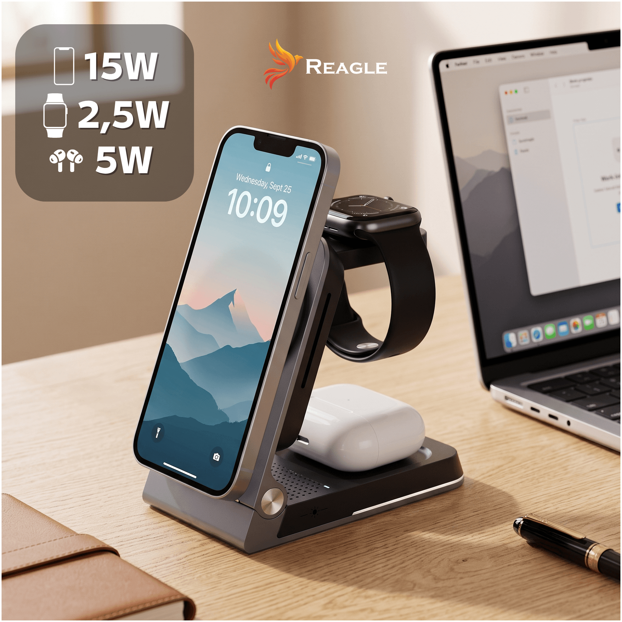Drahtlose 3-in-1-Ladestation mit Smartphone, Smartwatch und Kopfhörern auf einem Holztisch.