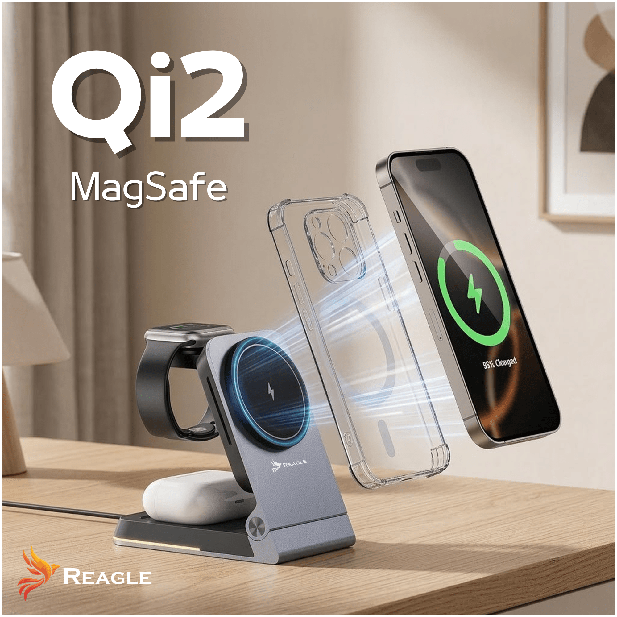 Eine kabellose Multi-Geräte-Ladestation auf einem Holztisch lädt ein Telefon, eine Uhr und Ohrhörer magnetisch auf.