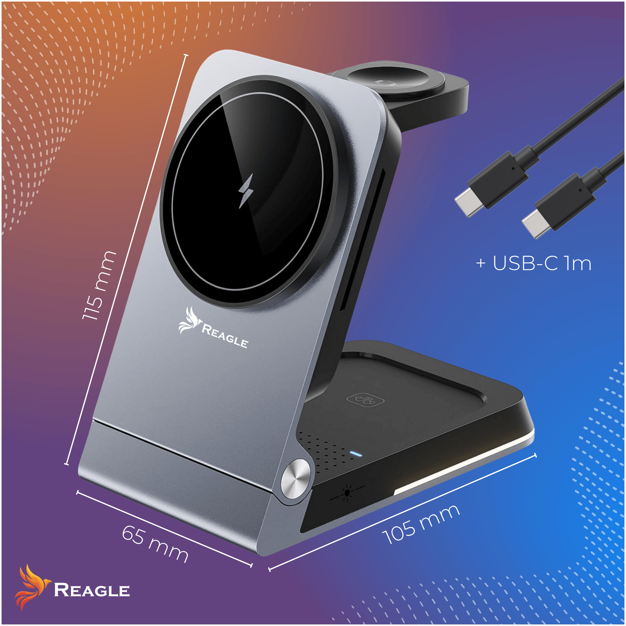 Graue, faltbare 3-in-1-Ladestation mit Maßen und zwei USB-C-Kabeln vor blau-orangem Hintergrund.