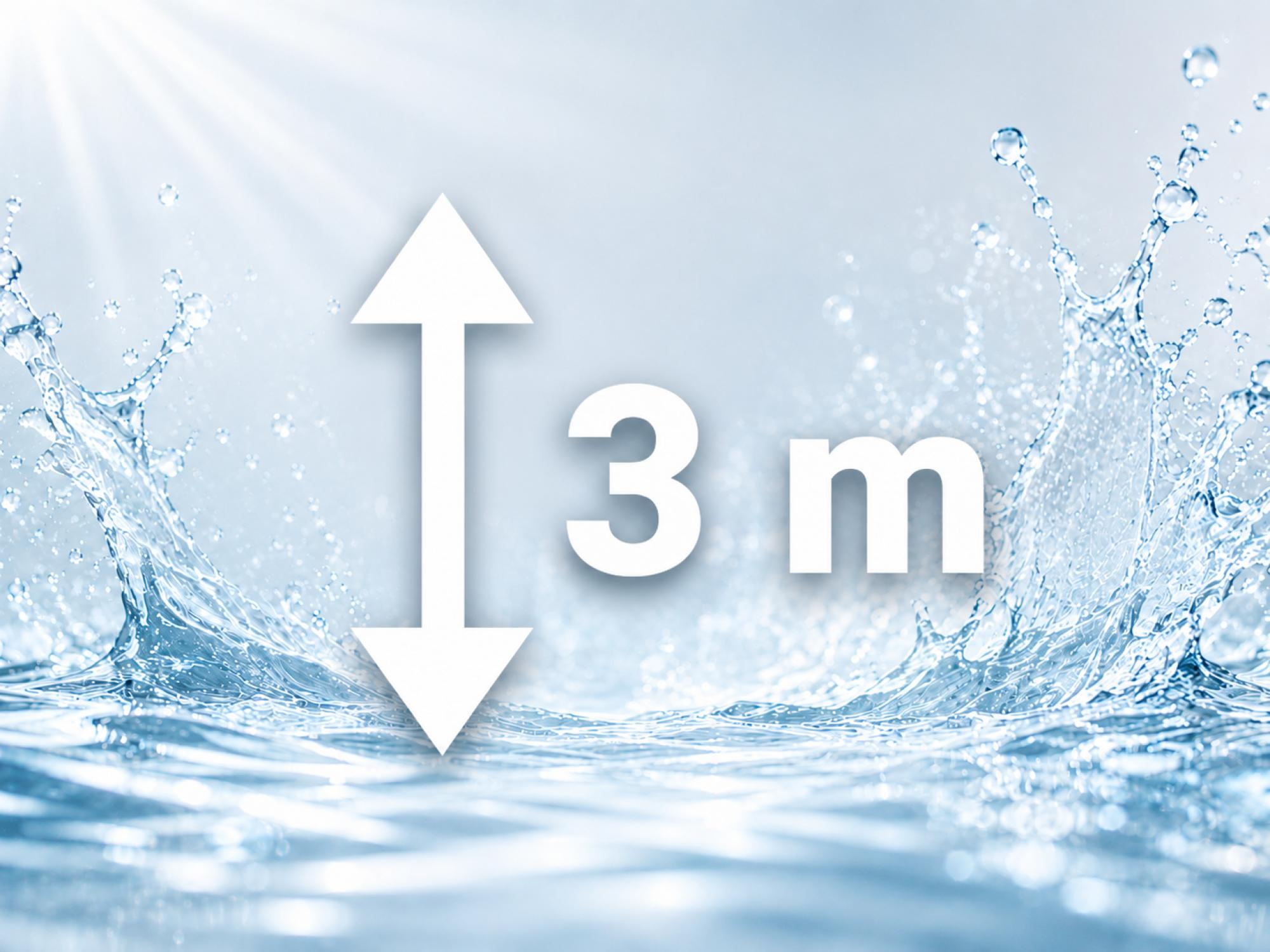 Gocce d'acqua e spruzzi attorno a un'etichetta bianca di 3m con frecce verticali.