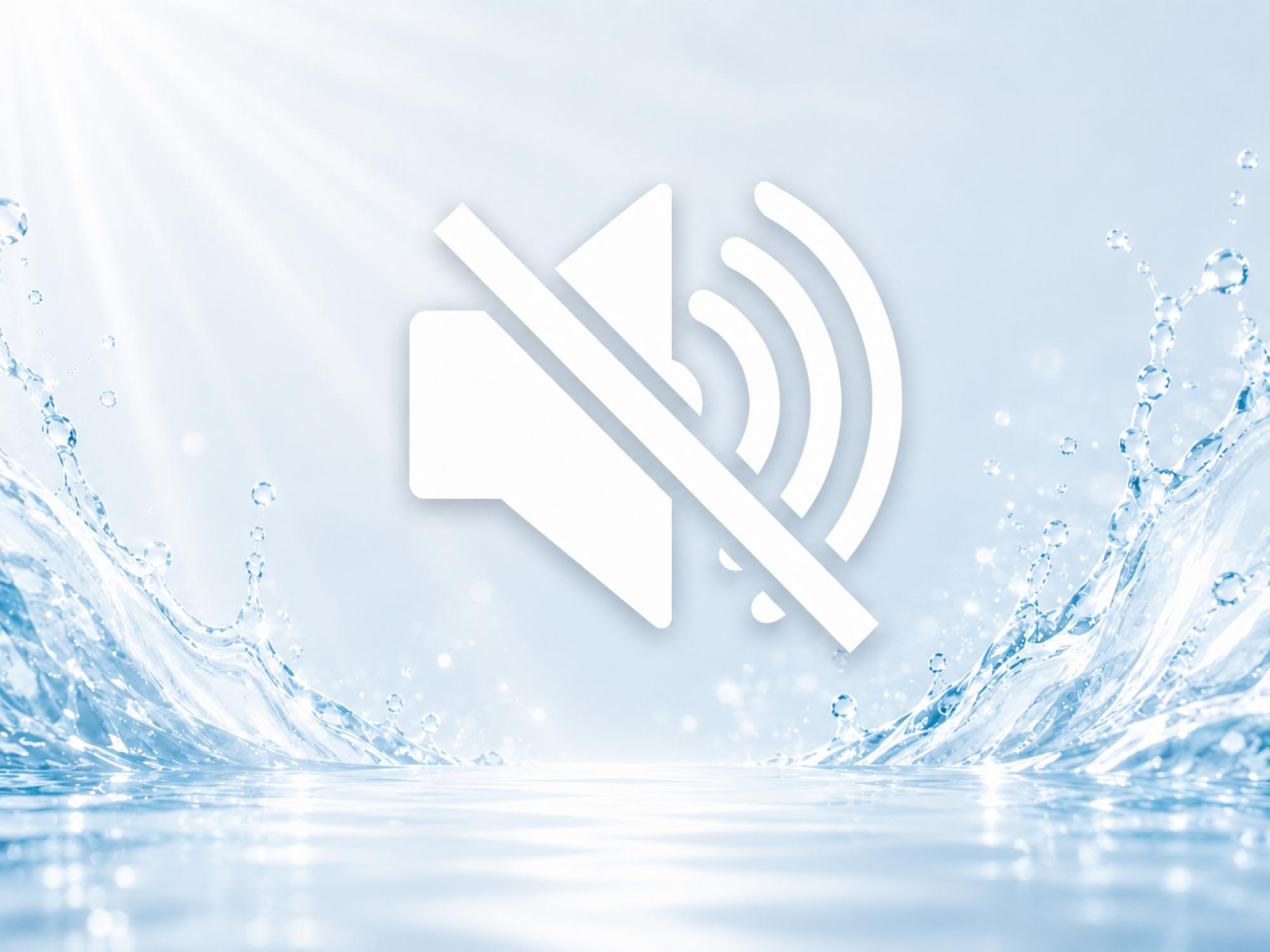 Icona dell'altoparlante disattivato su sfondo azzurro con schizzi d'acqua.