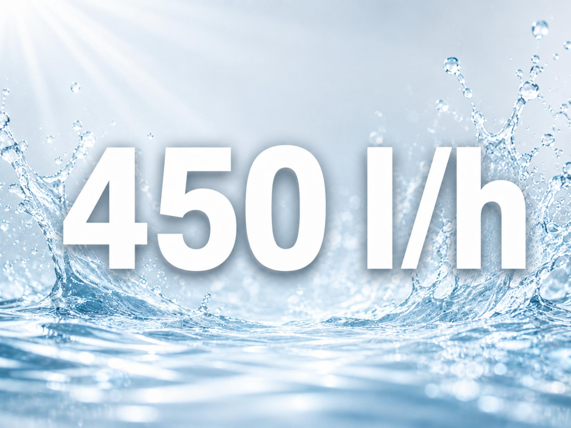 Spruzzo d'acqua con testo 450 l/h su sfondo chiaro.