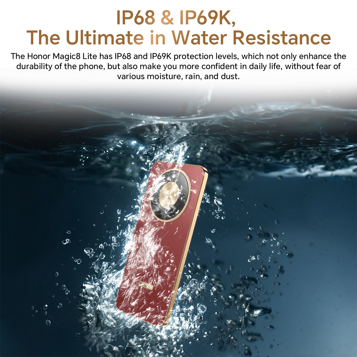 Ein rotes Smartphone mit goldenem Rahmen taucht in Wasser ein, umgeben von Blasen und der Aufschrift IP68 & IP69K.